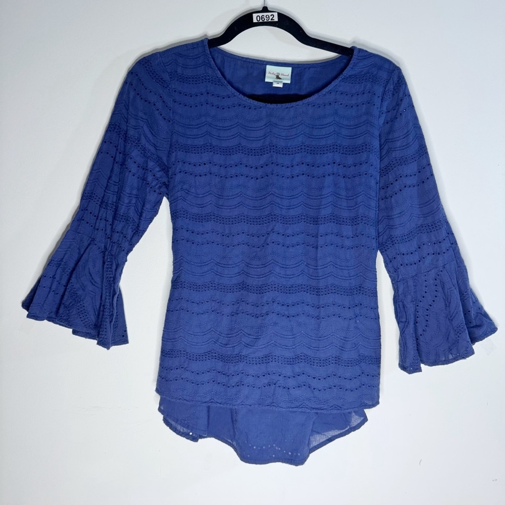 Haley & The Hound Blue Eyelet Blouse Medium Bell Sleeve Cotton Top